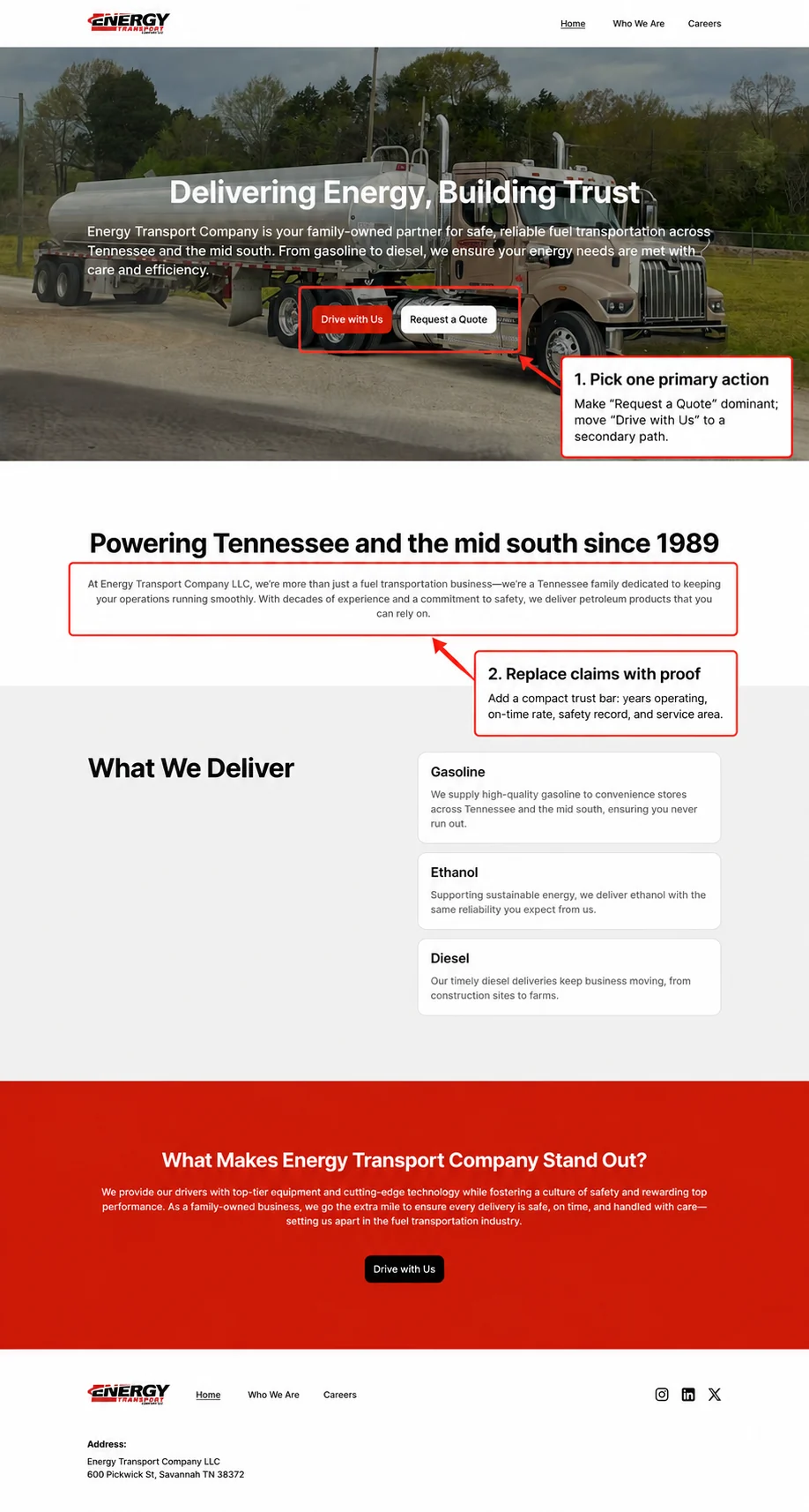 Marked-up Energy Transport homepage screenshot highlighting its primary call to action and opportunities to add proof